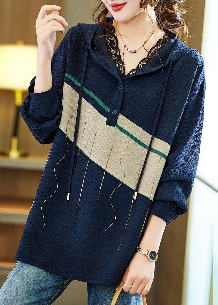 Loose Navy Hooded Button Zircon Patchwork Top Fall Ada Fashion