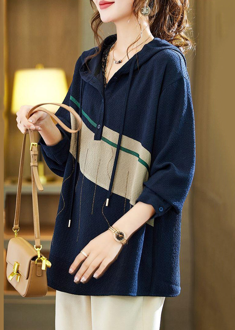 Loose Navy Hooded Button Zircon Patchwork Top Fall Ada Fashion