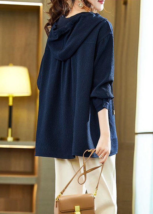 Loose Navy Hooded Button Zircon Patchwork Top Fall Ada Fashion