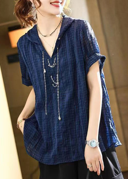 Loose Navy Hooded Chain Linked Patchwork Cotton T Shirt Short Sleeve Ada Fashion