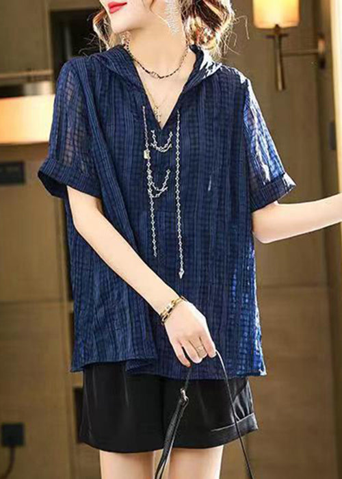 Loose Navy Hooded Chain Linked Patchwork Cotton T Shirt Short Sleeve Ada Fashion