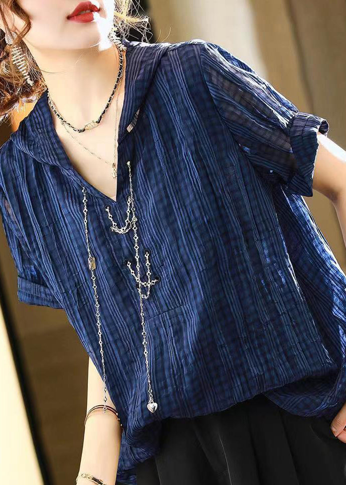 Loose Navy Hooded Chain Linked Patchwork Cotton T Shirt Short Sleeve Ada Fashion