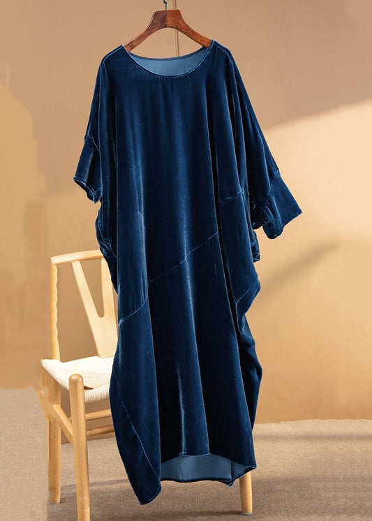 Loose Navy O Neck Asymmetrical Patchwork Silk Velour Dresses Fall Ada Fashion