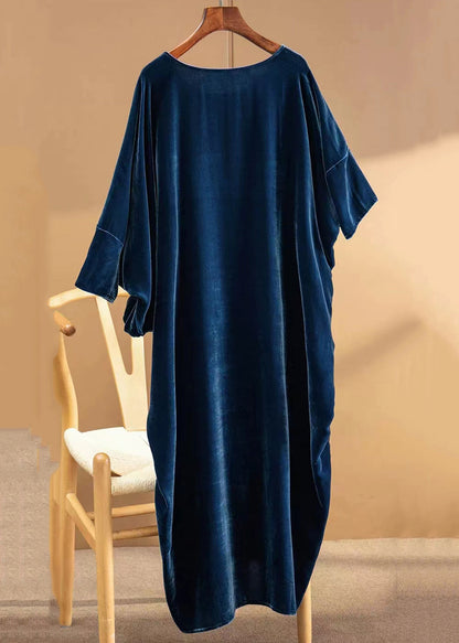 Loose Navy O Neck Asymmetrical Patchwork Silk Velour Dresses Fall Ada Fashion