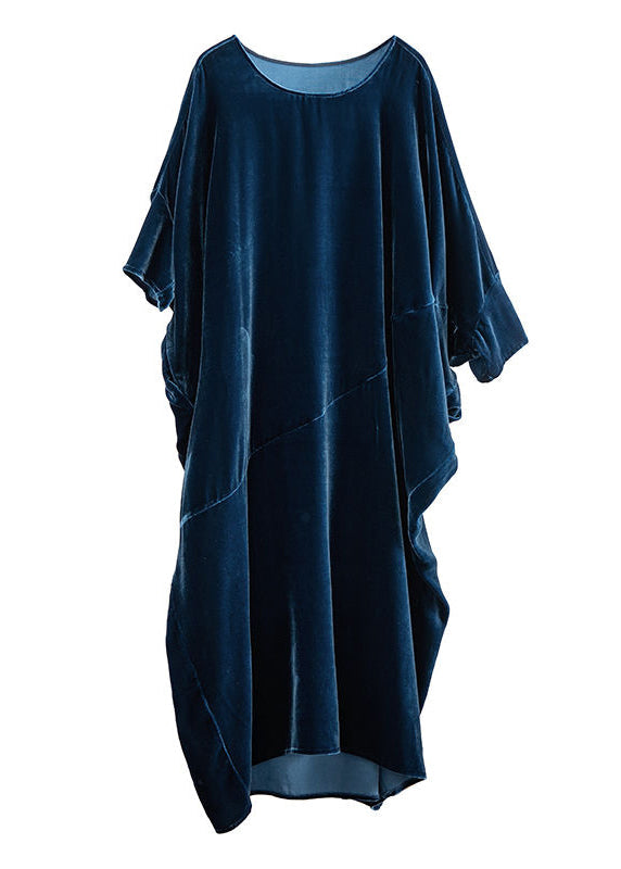 Loose Navy O Neck Asymmetrical Patchwork Silk Velour Dresses Fall Ada Fashion