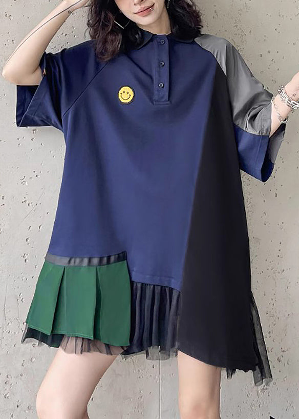 Loose Navy Peter Pan Collar Asymmetrical Patchwork Cotton Mid Dress Summer Ada Fashion