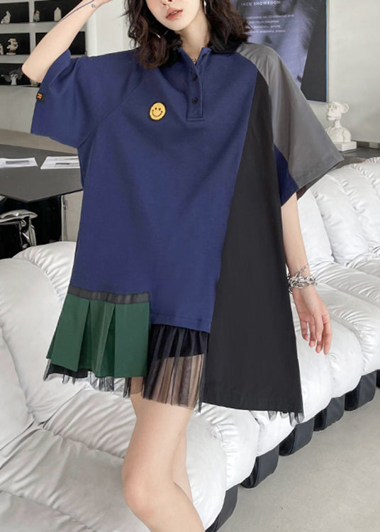 Loose Navy Peter Pan Collar Asymmetrical Patchwork Cotton Mid Dress Summer Ada Fashion