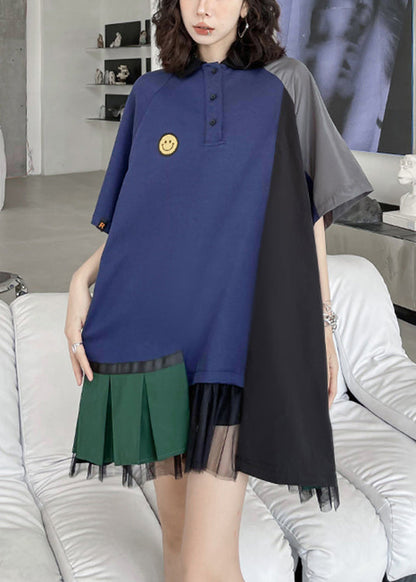 Loose Navy Peter Pan Collar Asymmetrical Patchwork Cotton Mid Dress Summer Ada Fashion