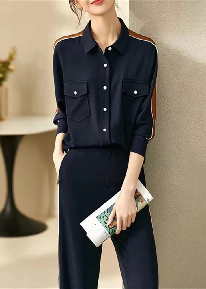 Loose Navy Peter Pan Collar Button Patchwork Cotton Two Pieces Set Fall Ada Fashion