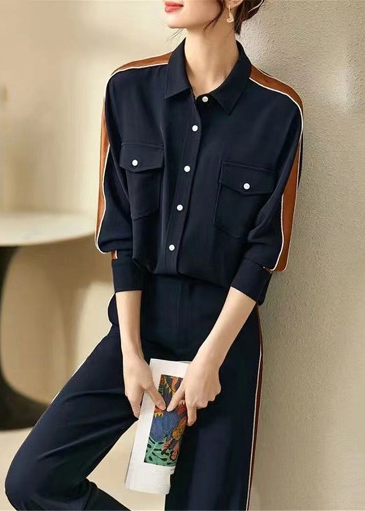 Loose Navy Peter Pan Collar Button Patchwork Cotton Two Pieces Set Fall Ada Fashion