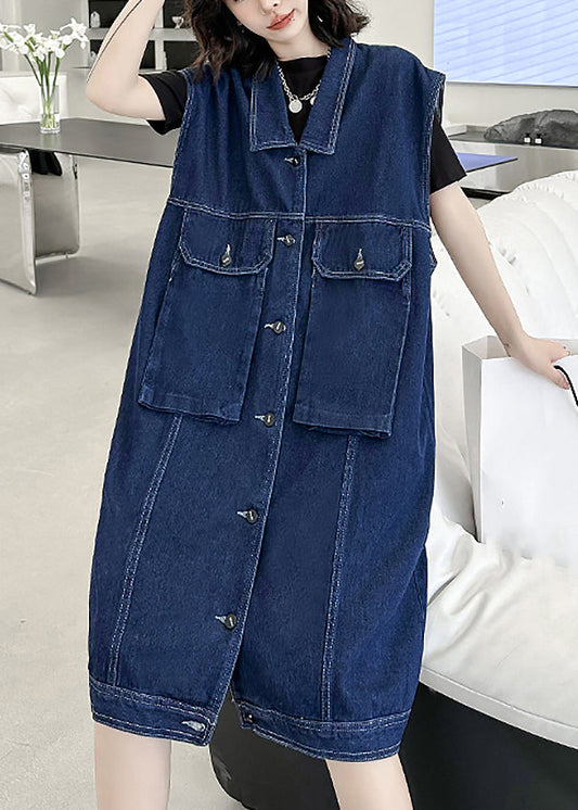 Loose Navy Peter Pan Collar Button Patchwork Denim Long Waistcoat Sleeveless Ada Fashion