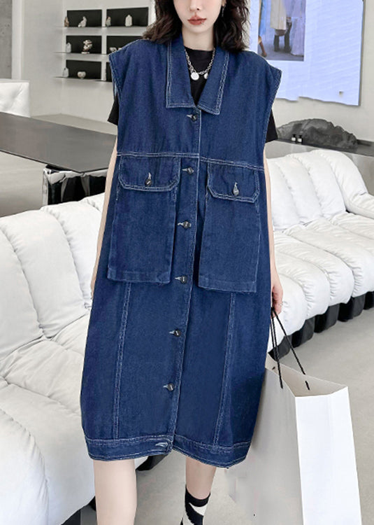 Loose Navy Peter Pan Collar Button Patchwork Denim Long Waistcoat Sleeveless Ada Fashion