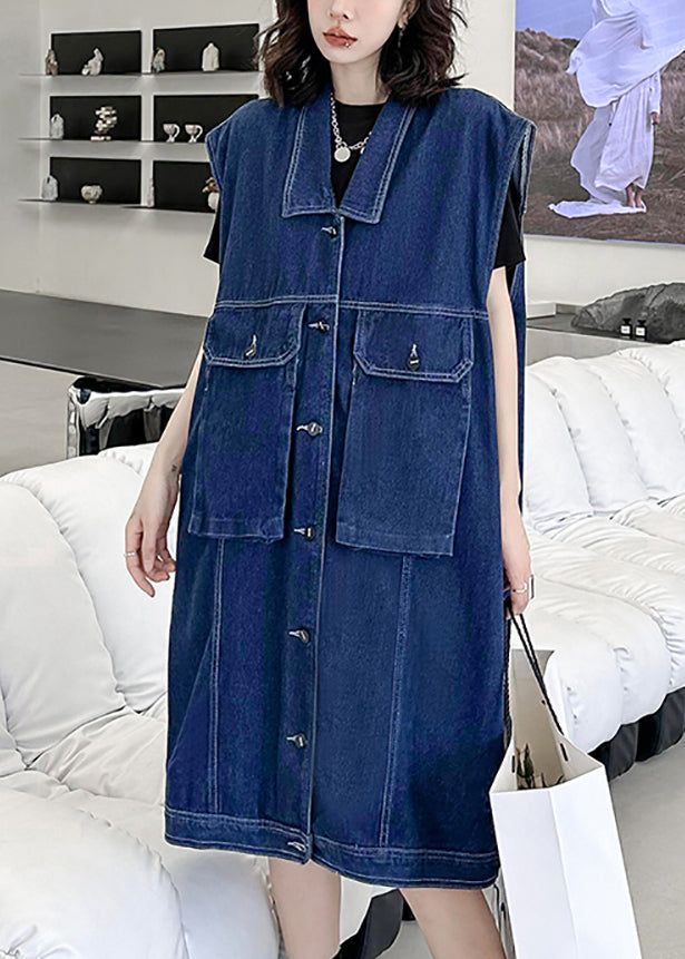 Loose Navy Peter Pan Collar Button Patchwork Denim Long Waistcoat Sleeveless Ada Fashion