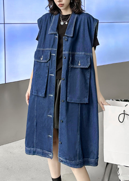 Loose Navy Peter Pan Collar Button Patchwork Denim Long Waistcoat Sleeveless Ada Fashion