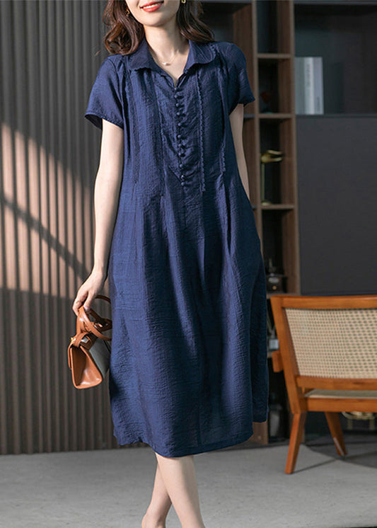 Loose Navy Peter Pan Collar Button Solid Long Dresses Short Sleeve LY1758 - fabuloryshop