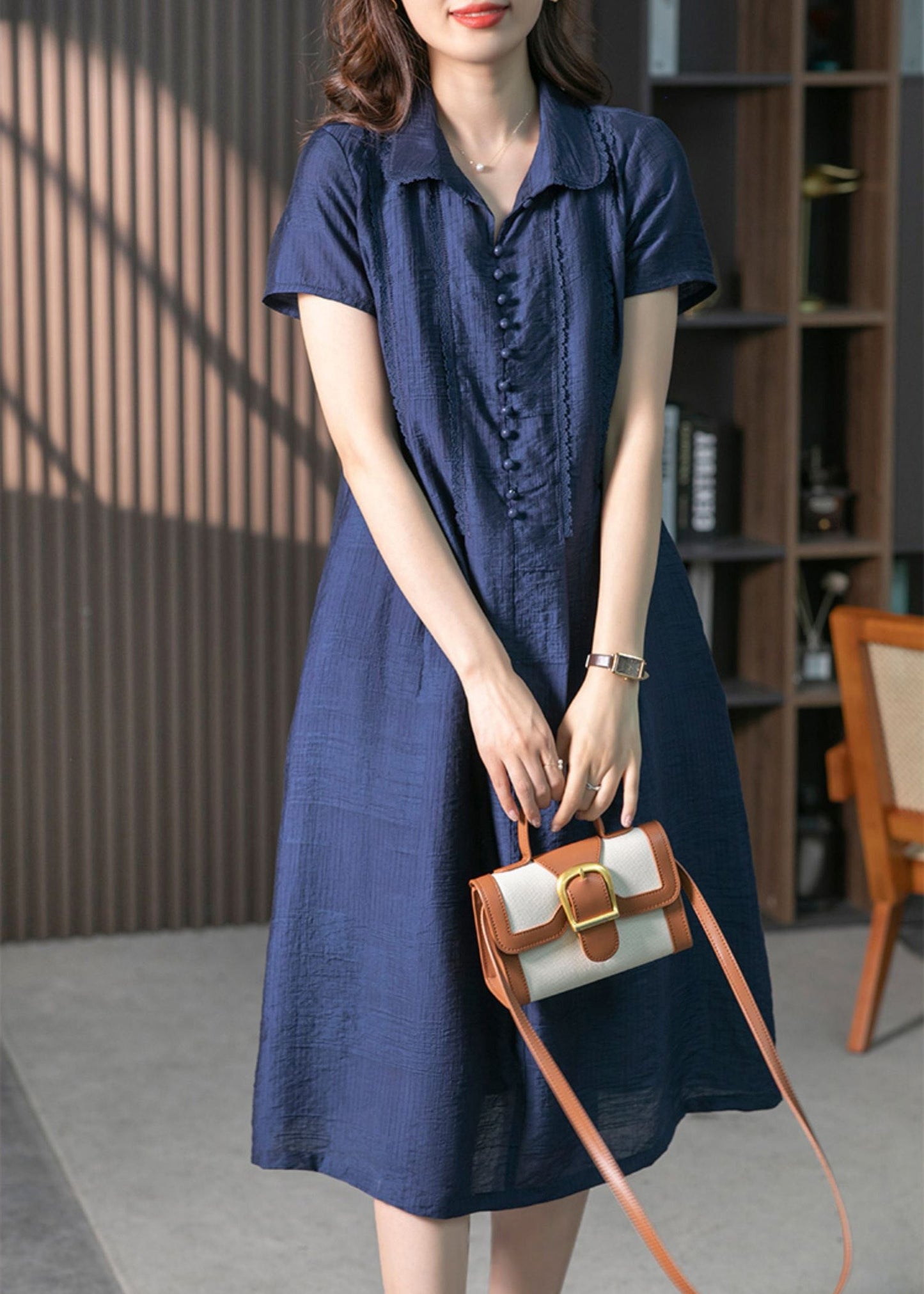 Loose Navy Peter Pan Collar Button Solid Long Dresses Short Sleeve LY1758 - fabuloryshop