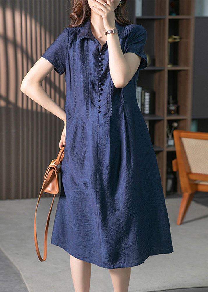 Loose Navy Peter Pan Collar Button Solid Long Dresses Short Sleeve LY1758 - fabuloryshop