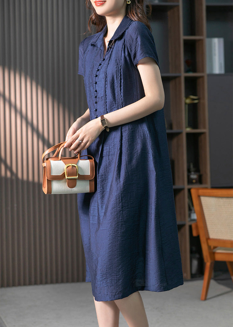 Loose Navy Peter Pan Collar Button Solid Long Dresses Short Sleeve LY1758 - fabuloryshop