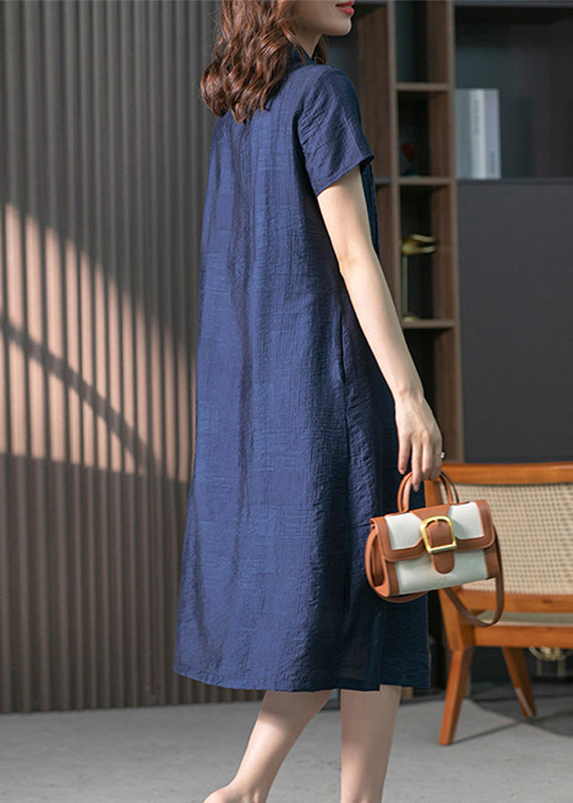 Loose Navy Peter Pan Collar Button Solid Long Dresses Short Sleeve LY1758 - fabuloryshop