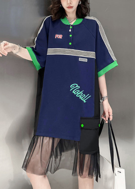 Loose Navy Stand Collar Pockets Tulle Patchwork Mid Dress Half Sleeve Ada Fashion