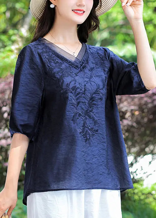 Loose Navy V Neck Embroideried Patchwork Cotton T Shirt Half Sleeve Ada Fashion