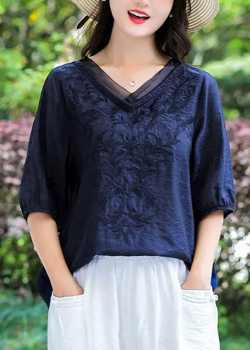 Loose Navy V Neck Embroideried Patchwork Cotton T Shirt Half Sleeve Ada Fashion