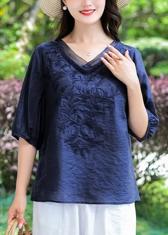 Loose Navy V Neck Embroideried Patchwork Cotton T Shirt Half Sleeve Ada Fashion