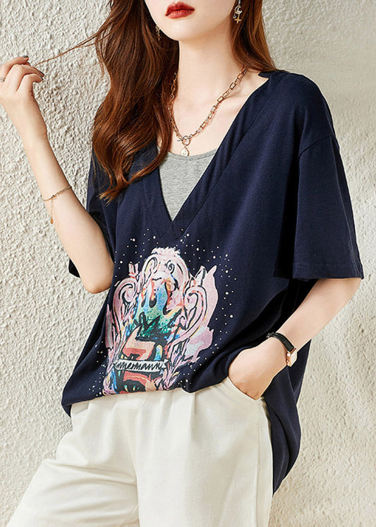 Loose Navy V Neck Print Cotton T Shirt Summer LY1484 - fabuloryshop