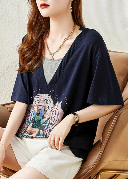 Loose Navy V Neck Print Cotton T Shirt Summer LY1484 - fabuloryshop