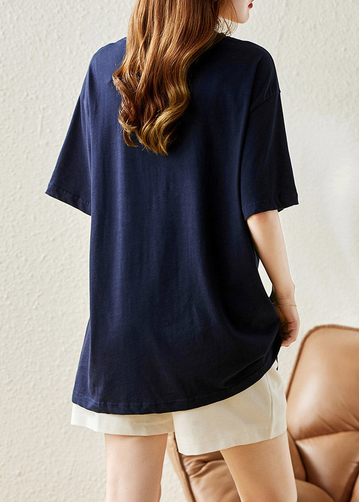 Loose Navy V Neck Print Cotton T Shirt Summer LY1484 - fabuloryshop
