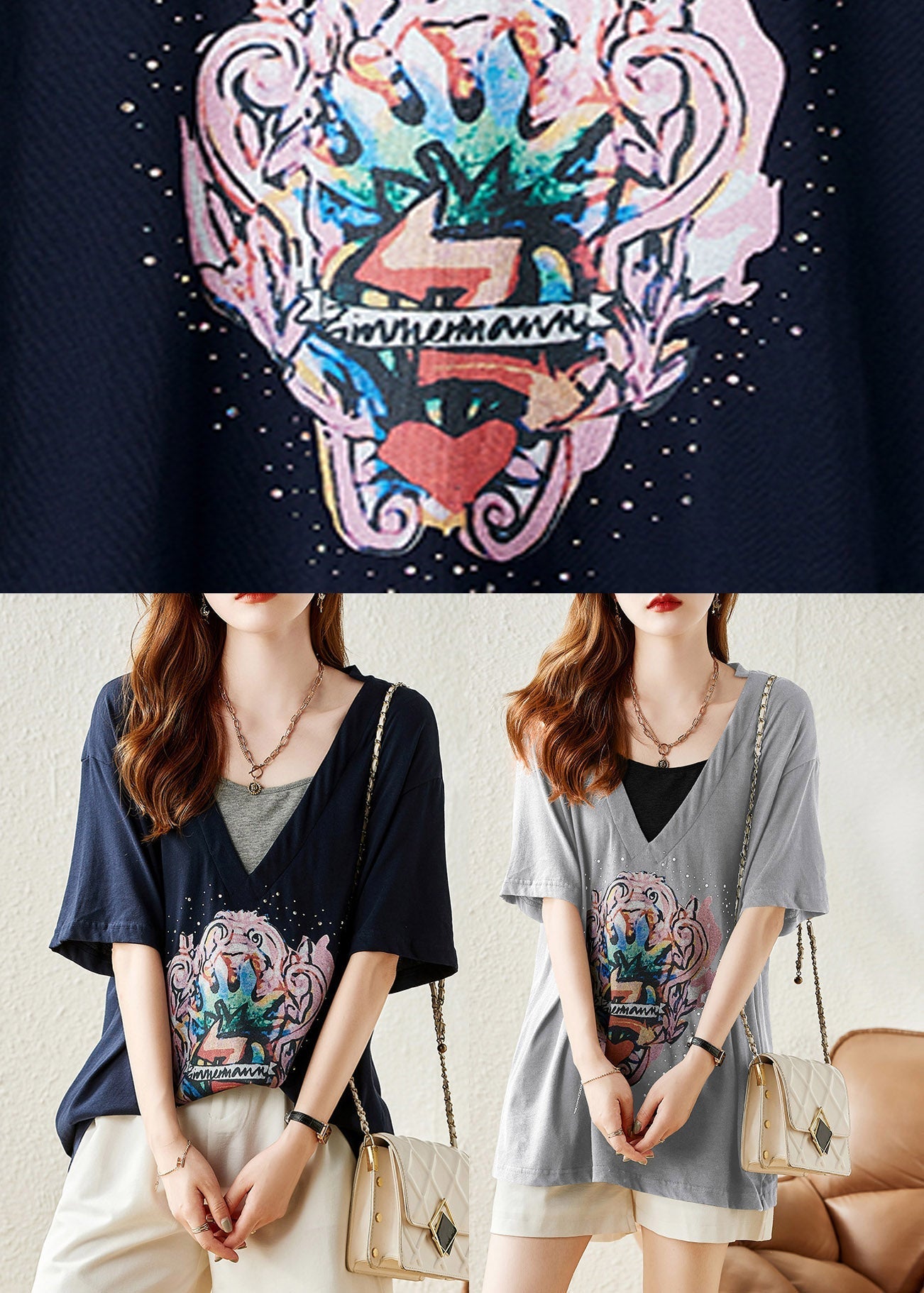 Loose Navy V Neck Print Cotton T Shirt Summer LY1484 - fabuloryshop