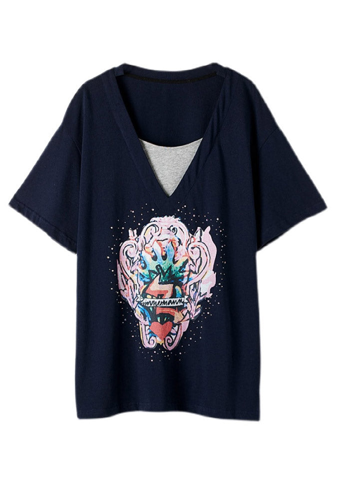 Loose Navy V Neck Print Cotton T Shirt Summer LY1484 - fabuloryshop