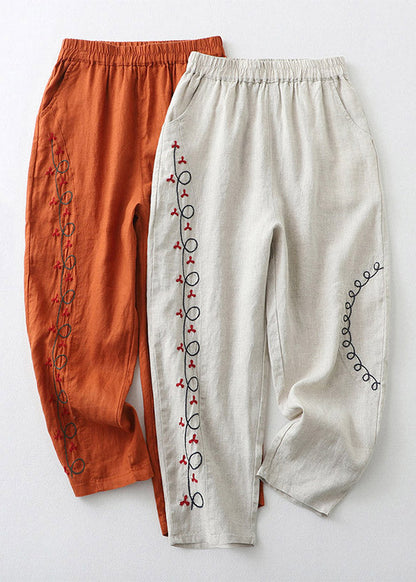 Loose Orange Embroideried Elastic Waist Cotton Harem Pants Summer LY4461 - fabuloryshop