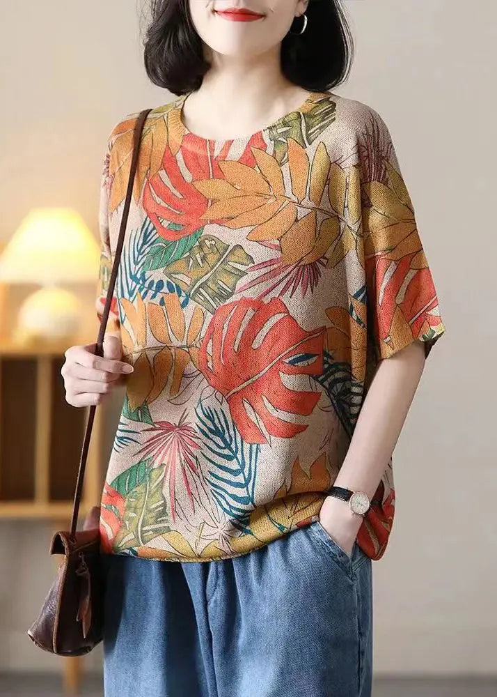 Loose Orange O Neck Print Cotton Knit T Shirt Summer Ada Fashion