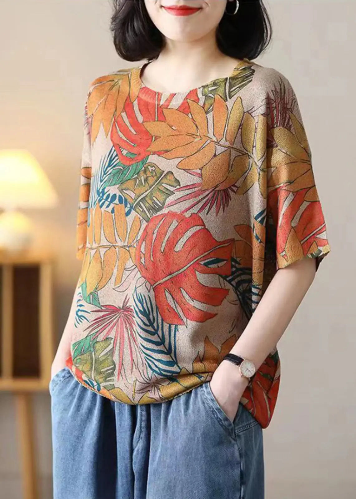 Loose Orange O Neck Print Cotton Knit T Shirt Summer Ada Fashion