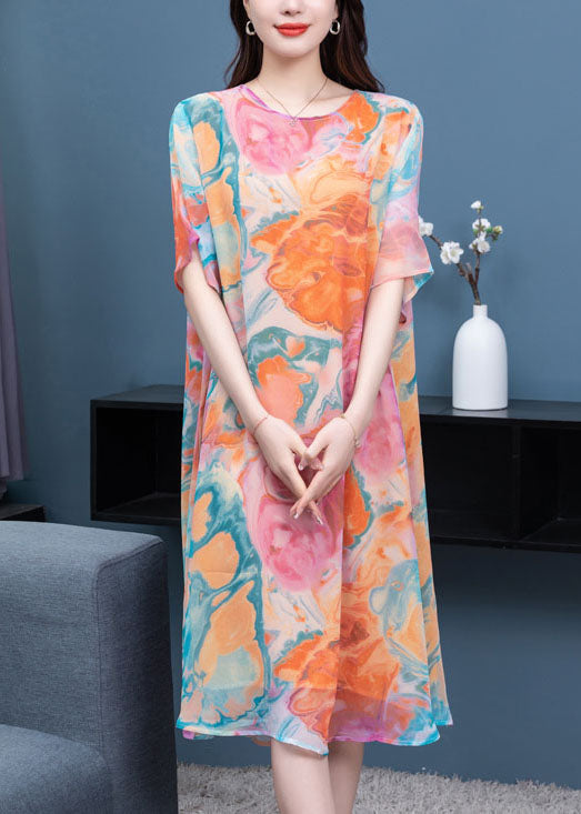 Loose Orange O Neck Print Patchwork Chiffon Mid Dress Summer LY6510 - fabuloryshop