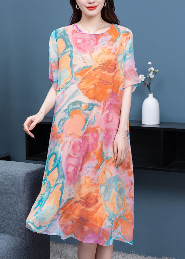 Loose Orange O Neck Print Patchwork Chiffon Mid Dress Summer LY6510 - fabuloryshop