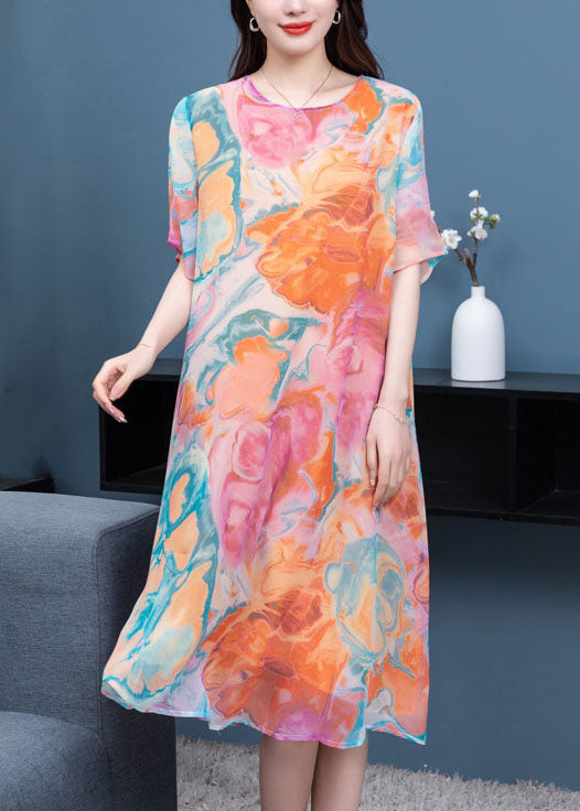 Loose Orange O Neck Print Patchwork Chiffon Mid Dress Summer LY6510 - fabuloryshop