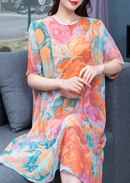 Loose Orange O Neck Print Patchwork Chiffon Mid Dress Summer LY6510 - fabuloryshop