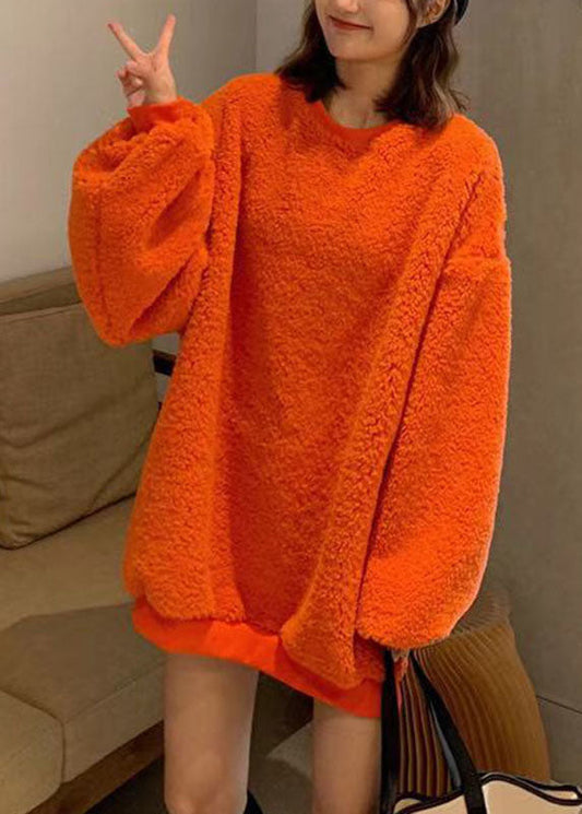 Loose Orange O-Neck Thick Teddy Faux Fur Pullover Long Sleeve Ada Fashion