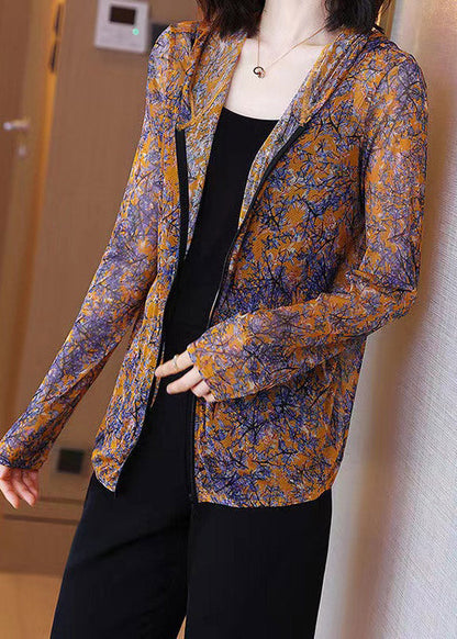 Loose Orange Print Hooded Tulle Coat Long Sleeve LY3783 - fabuloryshop