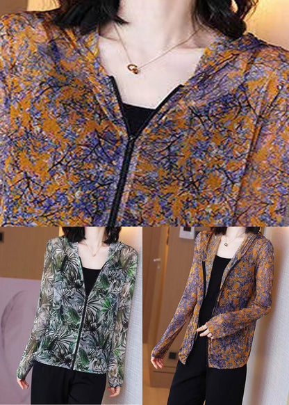 Loose Orange Print Hooded Tulle Coat Long Sleeve LY3783 - fabuloryshop