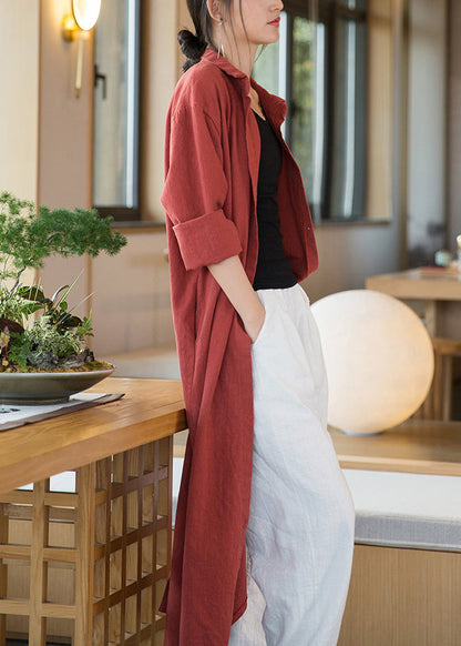 Loose Orange Red Button Side Open Linen Long Coats Long Sleeve Ada Fashion