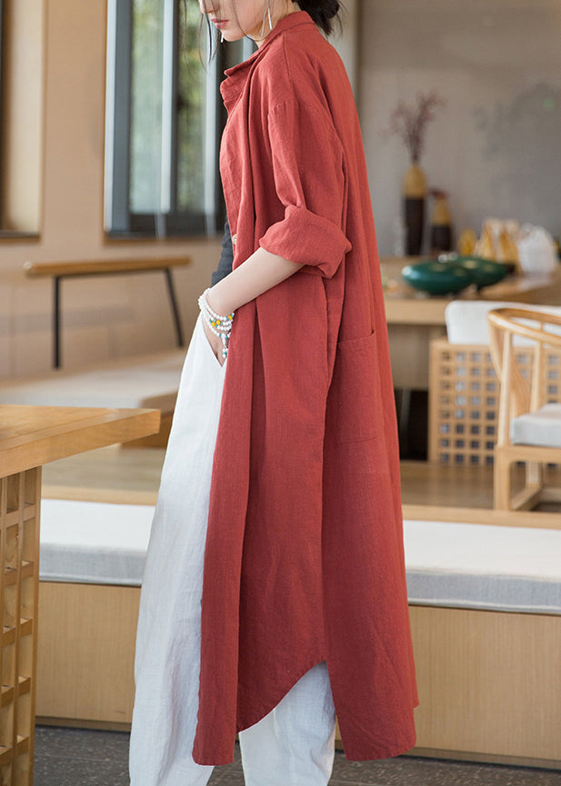 Loose Orange Red Button Side Open Linen Long Coats Long Sleeve Ada Fashion