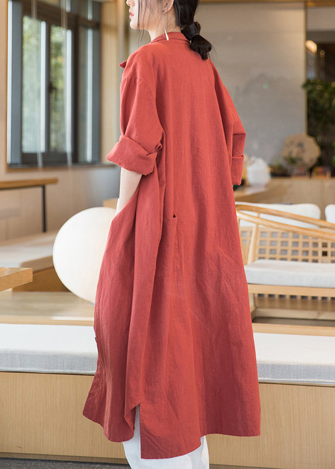 Loose Orange Red Button Side Open Linen Long Coats Long Sleeve Ada Fashion