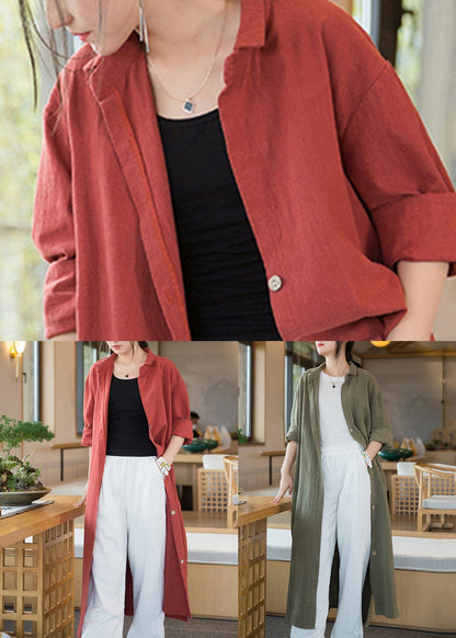 Loose Orange Red Button Side Open Linen Long Coats Long Sleeve Ada Fashion