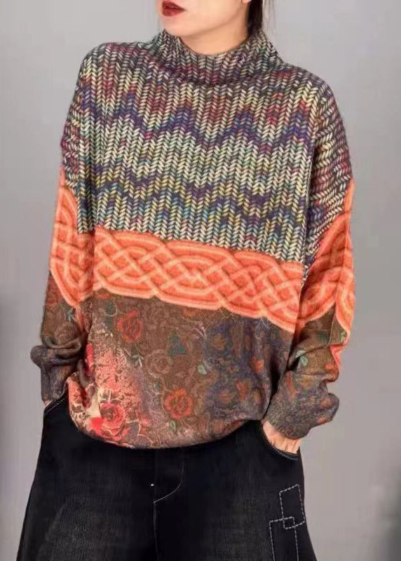 Loose Orange Turtleneck Print Patchwork Mink Hair Knitted Top Fall Ada Fashion