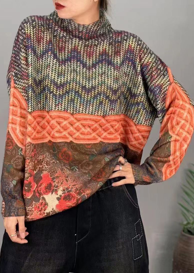 Loose Orange Turtleneck Print Patchwork Mink Hair Knitted Top Fall Ada Fashion