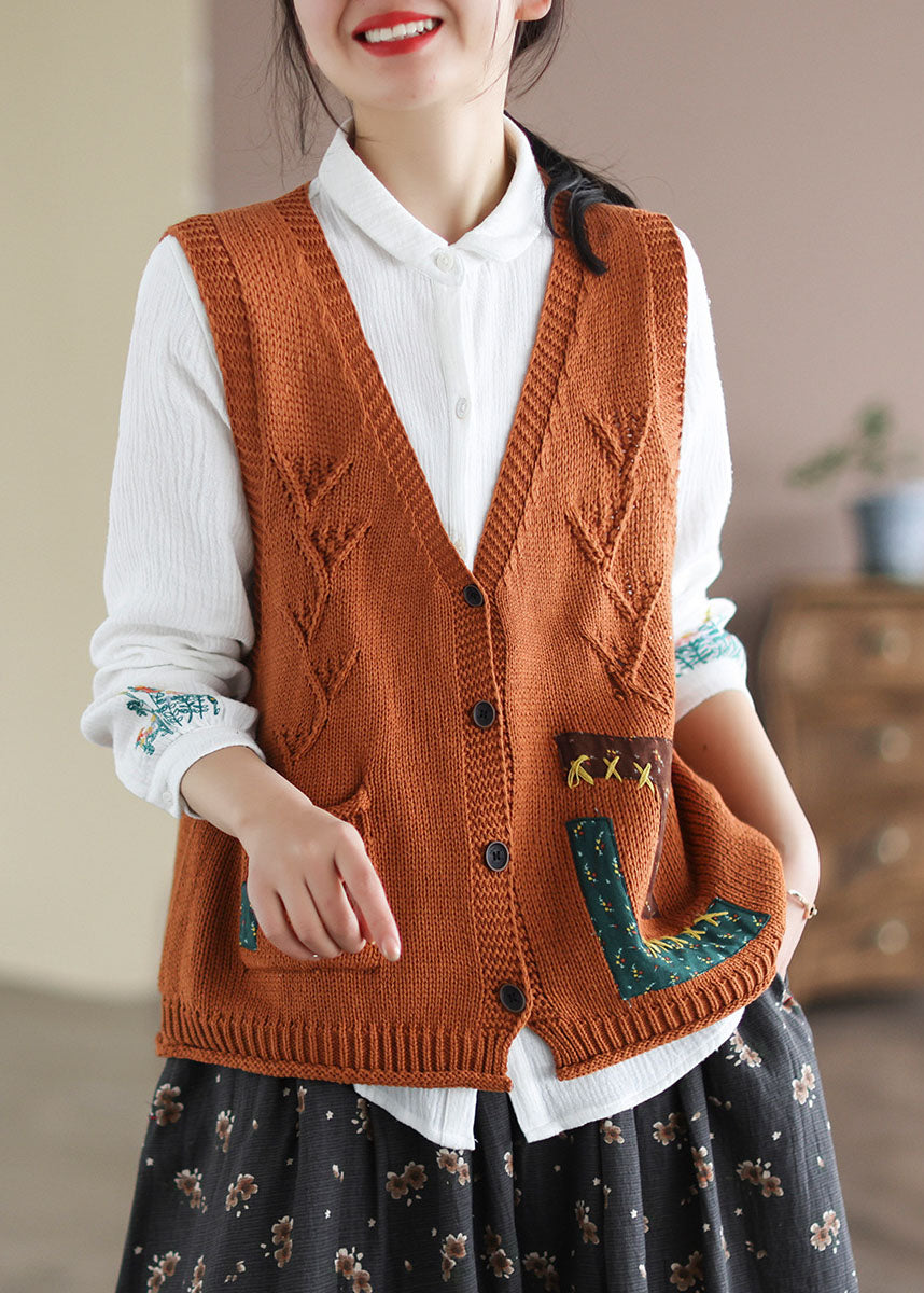 Loose Orange V Neck Patchwork Applique Knit Vest Sleeveless TG1011 - fabuloryshop