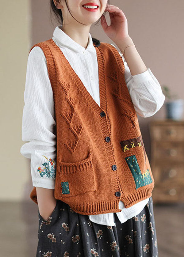 Loose Orange V Neck Patchwork Applique Knit Vest Sleeveless TG1011 - fabuloryshop